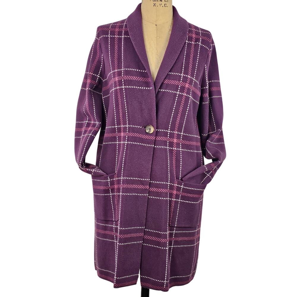 Jacket Lands End One button knit burgundy plaid coatigan pockets Small